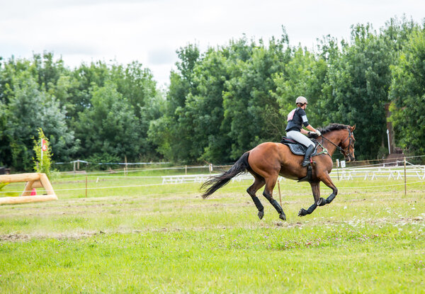Saint Cyr du Doret, France - July 29, 2016: Rider on her galloping horse during a cross country manisfestation