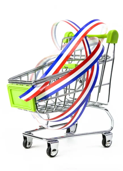 Closeup Supermarket Shopping Cart Isolated French Tricolor Ribbon Symbol Purchase — Stock Photo, Image