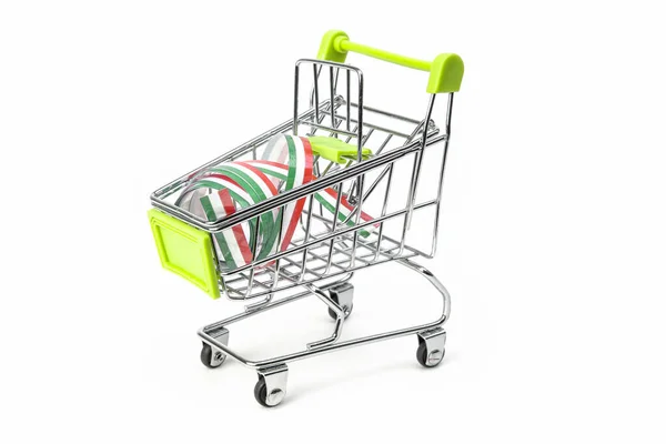 Closeup Supermarket Shopping Cart Isolated Italian Tricolor Ribbon Symbol Purchase — Stock Photo, Image