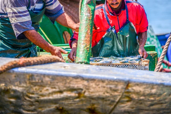 Un pescatore che passa container con pesce all'altro — Foto Stock