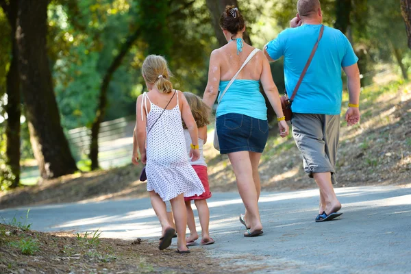 En familj på fyra promenader i parken — Stockfoto