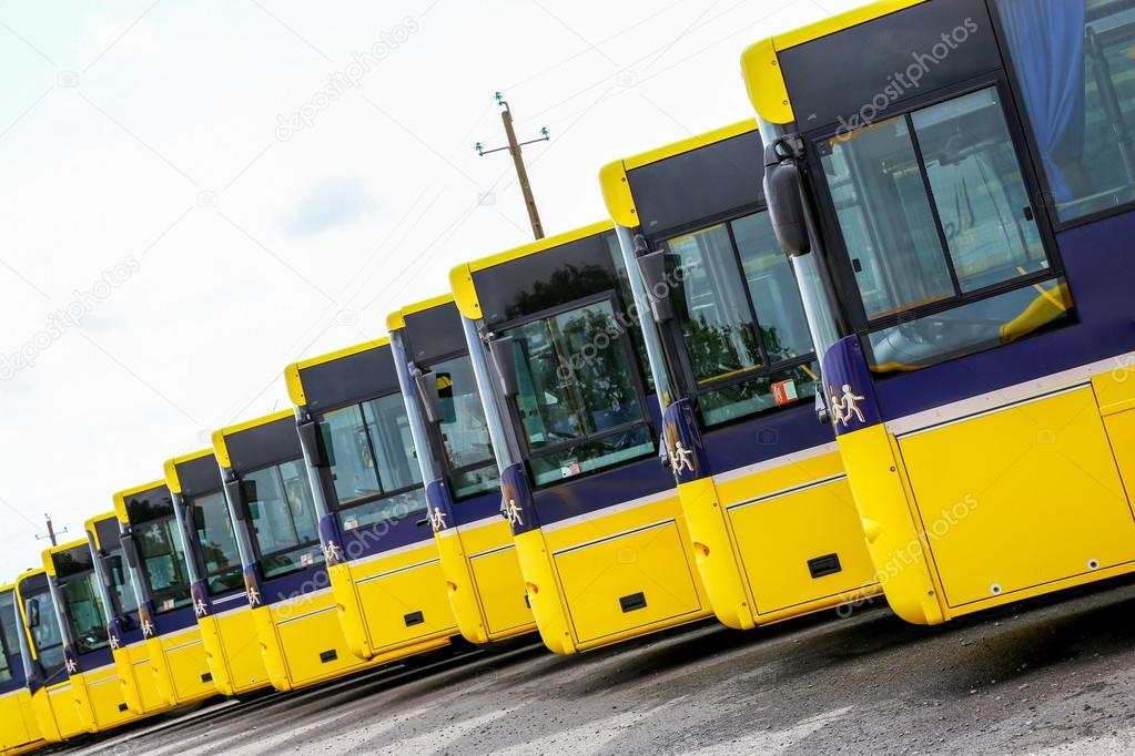 Big yellow buses parked in a line