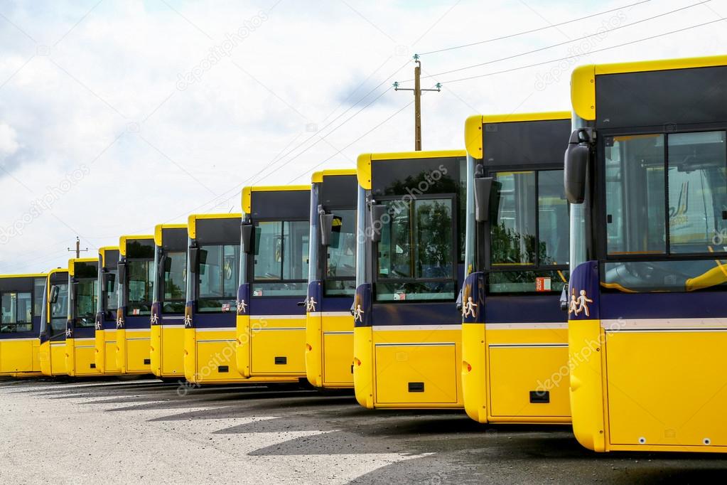 Big yellow buses parked in a line