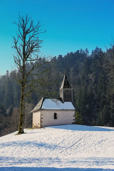 Bella chiesetta incastonata tra la neve — Foto Stock