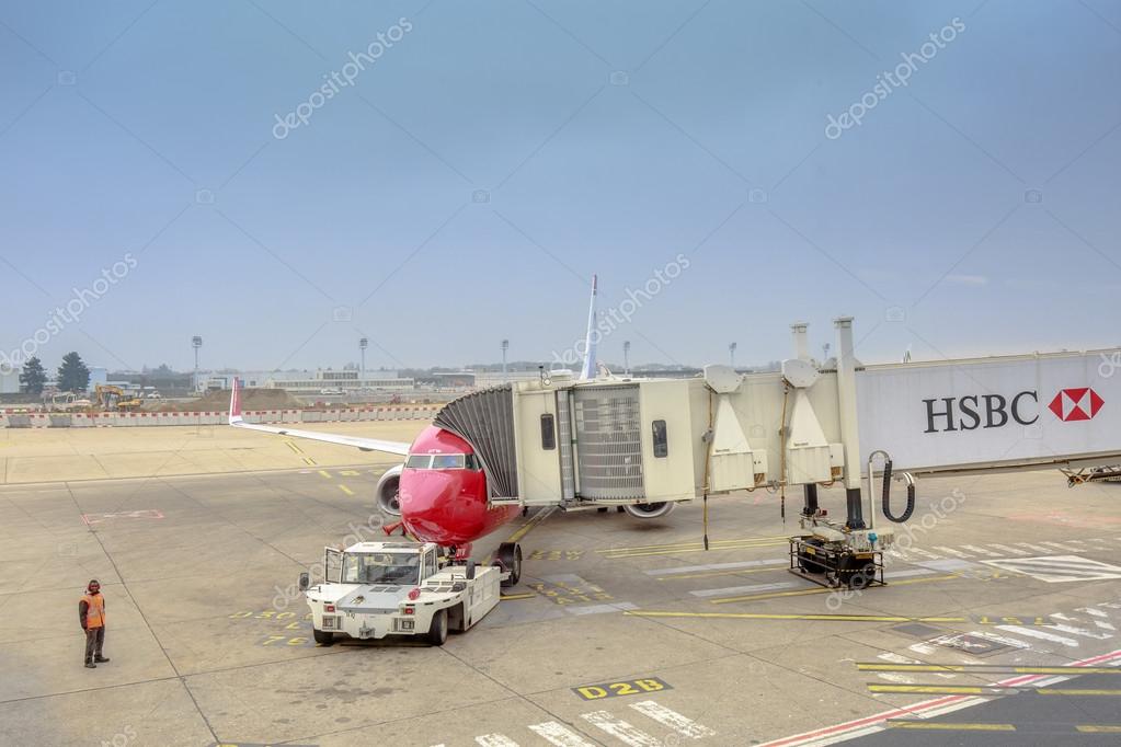 PARIS MARS 21 HSBC billboard on the gangway in the airplane on