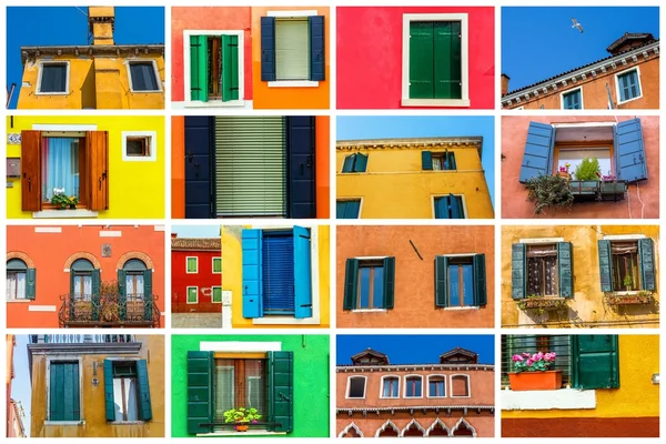 Kolaż kolorowy okna domu na weneckiej wyspie Burano — Zdjęcie stockowe