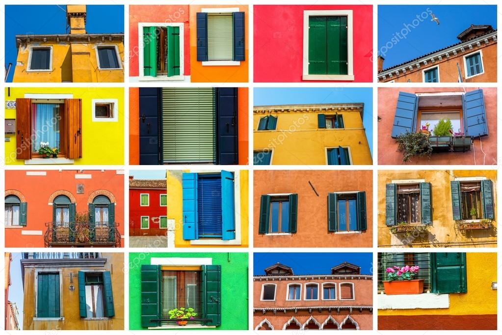 Collage of colorful window of a house on the Venetian island of Burano