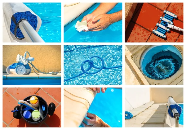 Collage maintenance of a private pool — Stock Photo, Image