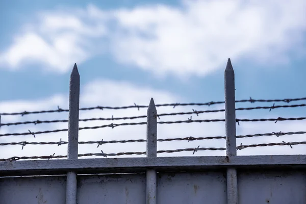 Gate with barbed wire on blue sky background — Stock Photo, Image
