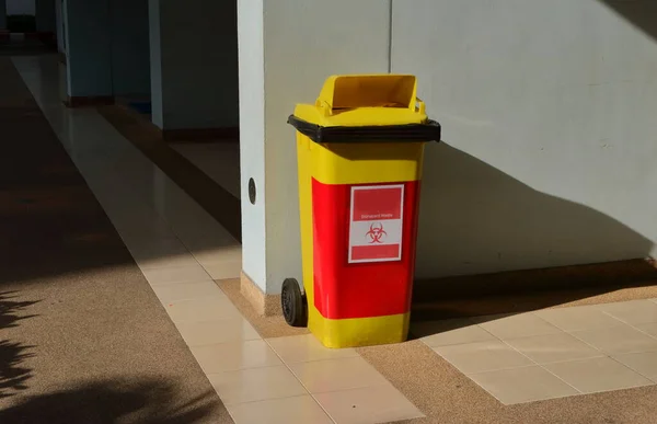 Biyolojik atık kutusu, güneş ışığı altında, mavi duvarın önünde, fayanslı zeminde duruyor.