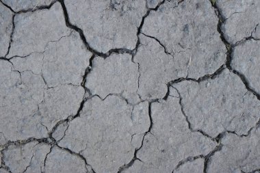 Görüntü, şiddetli kuraklık ya da kuraklığın göstergesi olarak ağır şekilde çatlamış ve kurumuş bir toprağı yakından ve yüksek açılı olarak gösteriyor. Açık gri bir renkte görünen toprak, düzensiz, derin çatlaklar tarafından çokgen parçalara ayrılmış, toprağın kurumasının bir sonucu.