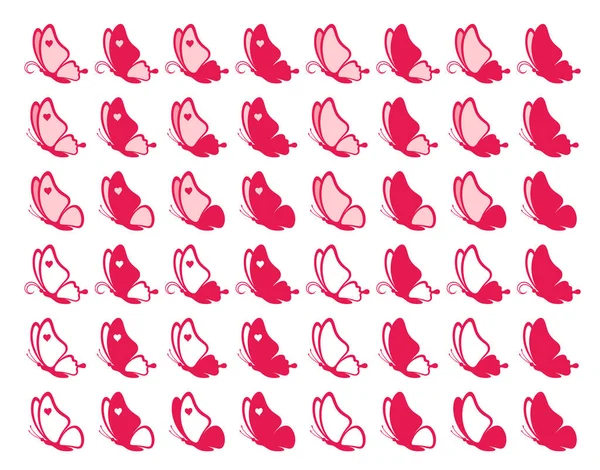 Grande Collection Quarante Huit Papillons Rouges Avec Des Cœurs Isolés — Image vectorielle