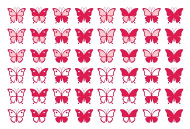 Kırk sekiz adet kırmızı kelebek ve beyaz arka planda izole edilmiş kalpler. Bir kelebeğin silueti çıkartmalar, simgeler, tebrik kartları ve hediye çeki için mükemmeldir.