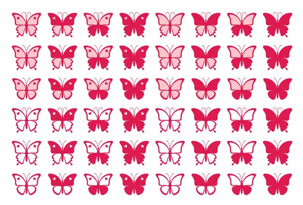 白い背景にハートが隔離された48個の赤い素敵な蝶の大規模なセット 蝶のシルエットは ステッカー アイコン グリーティングカードやギフト券に最適です — ストックベクタ