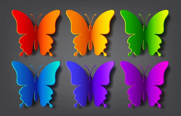 Vektör Gölgeli Renkli Kağıt Kelebekler Bir Kelebeğin Silueti Çıkartmalar Simgeler — Stok Vektör