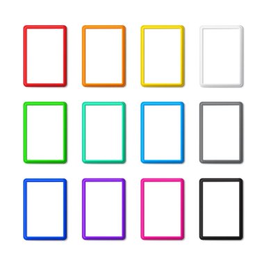 Gölgeli ve yuvarlak köşeli on iki renkli dikey çerçeve koleksiyonu boş bir makettir. Şablon fotoğraf çerçevesi A4 boyutunun vektör modern tasarımı sunumlar, fotoğraflar ve resimler için mükemmeldir