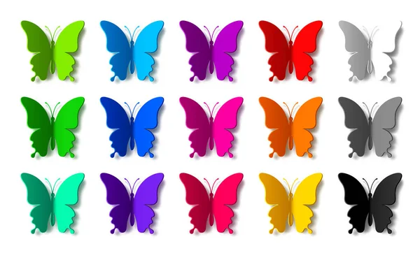 Набор Пятнадцати Цветных Бумажных Бабочек Тенями Изолированы Белом Фоне Силуэт — стоковый вектор