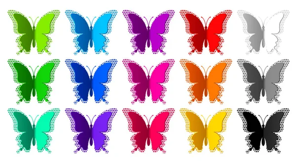 Σύνολο Δεκαπέντε Χρωματιστές Πεταλούδες Χαρτί Halftone Απομονώνονται Λευκό Φόντο Σιλουέτα — Διανυσματικό Αρχείο