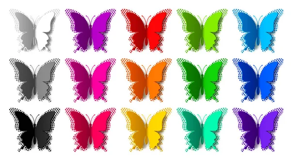 Conjunto Quince Mariposas Papel Colores Con Medio Tono Radial Sombras — Vector de stock