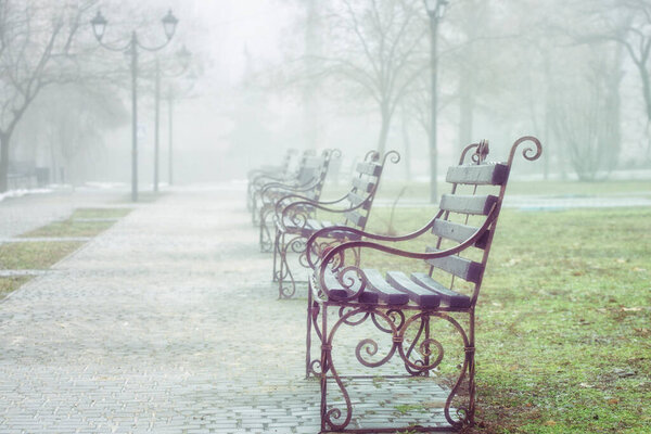Скамейки в весеннем парке. Погода туманная..