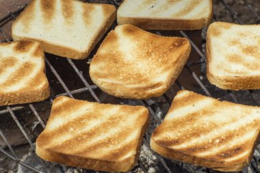 Kömür ızgarasında tost yapıyorum. Arkadaşların açık hava partilerinde kızarmış ekmek yaygın bir yemektir..