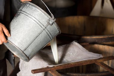 Geleneksel teknolojiyle çiftlikte peynir yapmak. Fermantasyon için inek sütü hazırlıyorum. Peynir mandırasında olgunlaşan yerli peynir..