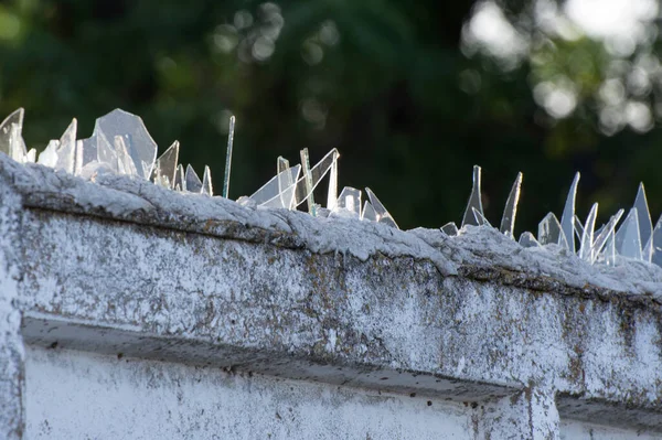 Large shards of glass on the concrete barrier. Protection of the home from thieves.