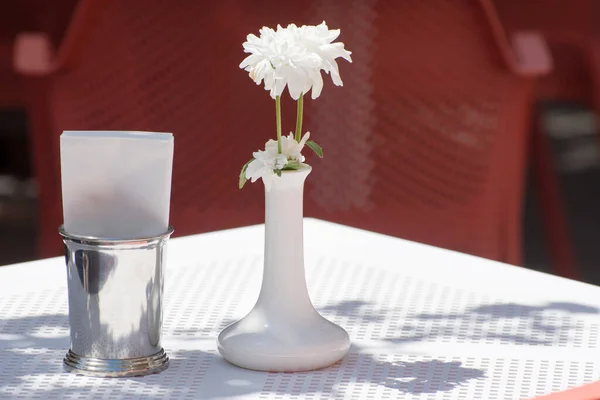 A flower in a vase on an empty table in a summer cafe. Fast food in a big city. Place for morning breakfast and coffee.