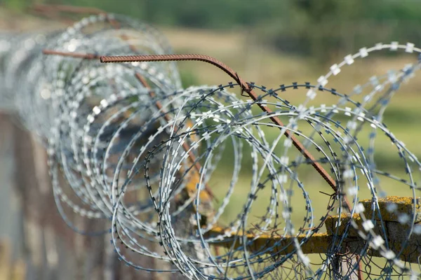 Фон Колючого Дроту Паркану Територія Під Охороною Вибірковий Фокус — стокове фото