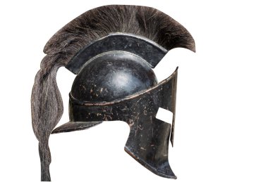 Beyaz arka planda yalıtılmış savaşçı miğferi. Eski Spartalı miğfer. Yan görünüm.