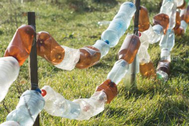 Eski plastik şişelerden yapılmış bir çit. İnorganik atıkların geri dönüşümü ve işlenmesi.