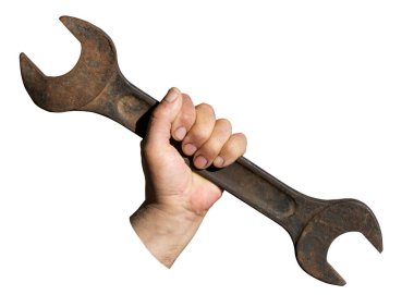 Büyük eski İngiliz anahtarı işçinin elinde. Çilingir aletleri, beyaz arka planda izole. Doğum günün kutlu olsun. Uluslararası kutlama.