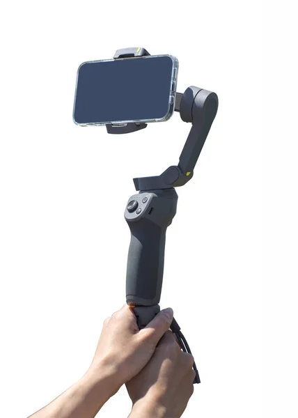 Stabilisateur Portable Pour Smartphone Dans Les Mains Blogger Tourne Des — Photo