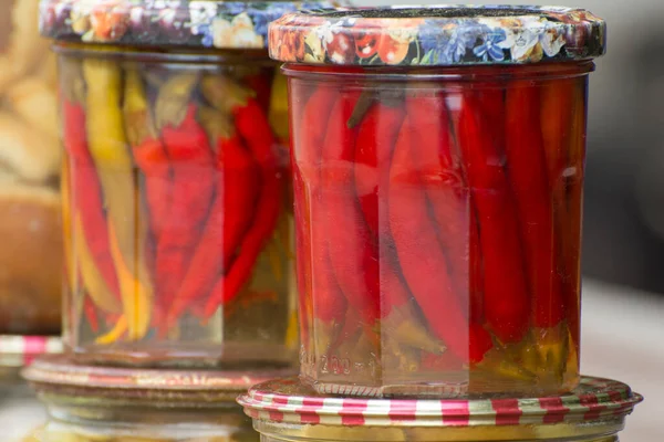 Poivrons Marinés Dans Des Bocaux Verre Mise Conserve Des Légumes — Photo