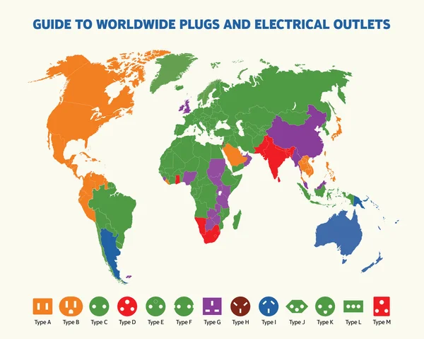 Guia de tomadas e tomadas elétricas em todo o mundo —  Vetores de Stock