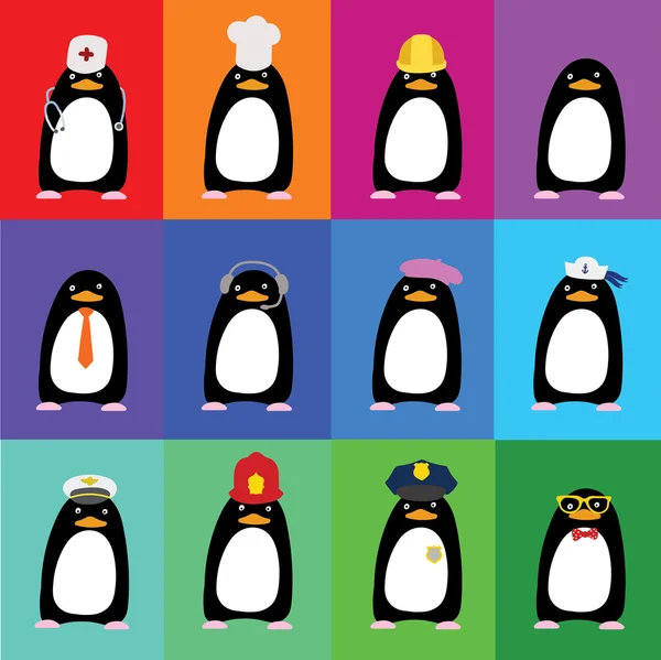 Aranyos pingvinek a különböző szakmák formájában — Stock Vector