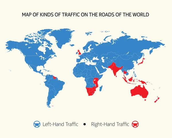 Mapa de los tipos de tráfico en las carreteras del mundo — Archivo Imágenes Vectoriales