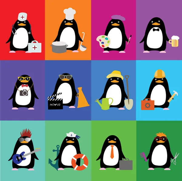 Pinguins bonitos sob a forma de várias profissões — Vetor de Stock