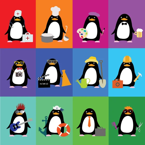 Cute penguins in the form of various professions — Stock Vector