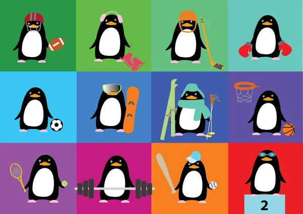 さまざまなスポーツのアクセサリーとかわいいペンギンのベクトル コレクション — ストックベクタ