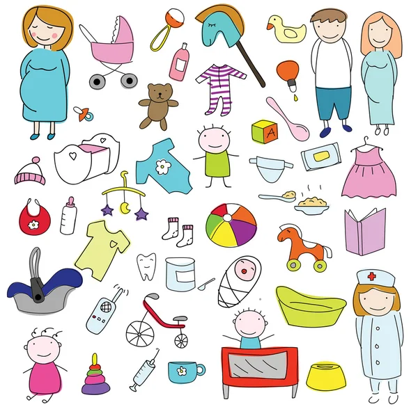 Set vêtements, jouets et personnages pour enfants — Image vectorielle