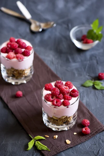 Dessert al parfait con lamponi e granola — Foto Stock