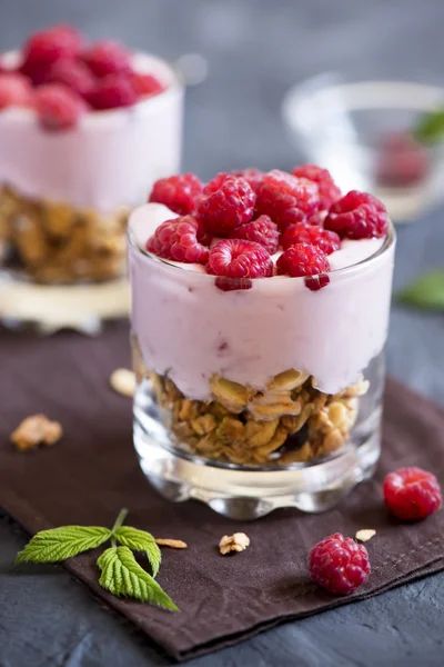 Dessert al parfait con lamponi e granola — Foto Stock