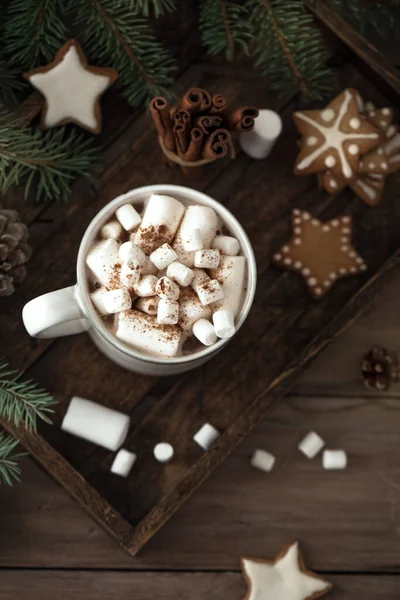 Weihnachtskomposition Mit Heißgetränk Eibisch Lebkuchen Auf Holztisch Draufsicht Konzept Für — Stockfoto