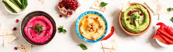 Colorful Hummus Bowls Healthy Vegan Dips Traditional Middle Eastern Hummus — Stock Photo, Image