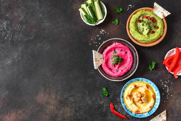Colorful Hummus Bowls Healthy Vegan Dips Traditional Middle Eastern Hummus — Stock Photo, Image