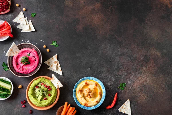 Coloridos Cuencos Hummus Salsas Veganas Saludables Hummus Tradicional Oriente Medio — Foto de Stock