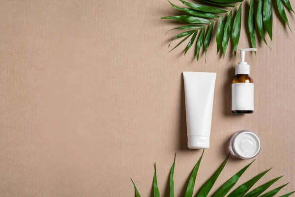 Organic Cosmetic Cream Body Lotion Green Plants Beige Background Top — Stock Photo, Image