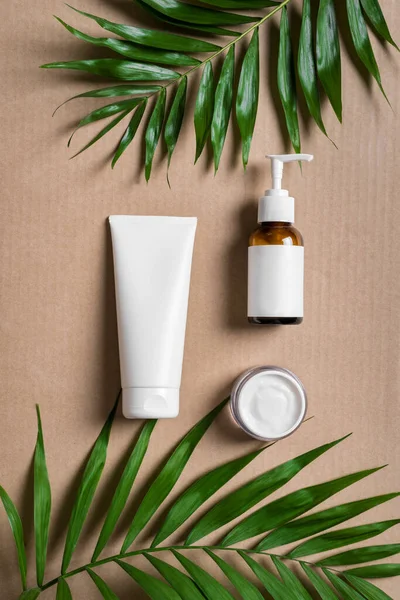 Natural cosmetic cream, body lotion and green plants on beige background, top view. Dermatology, organic skin care and spa concept with green palm leaves.