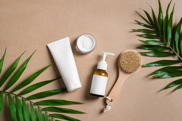 Natural Cosmetic Cream Body Lotion Massage Brush Green Plants Beige — Stock Photo, Image